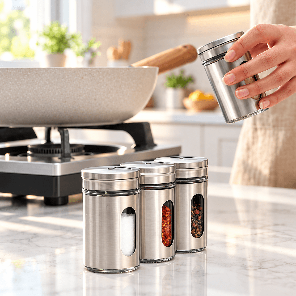 Lọ Đựng Tiêu Thủy Tinh Bọc Inox, Hũ Đựng Gia Vị Nhà Bếp