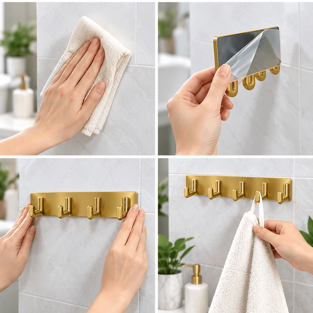 Thanh 6 Móc Dán Tường Màu Vàng, Móc Treo Đồ Đa Năng Tiết Kiệm Không Gian