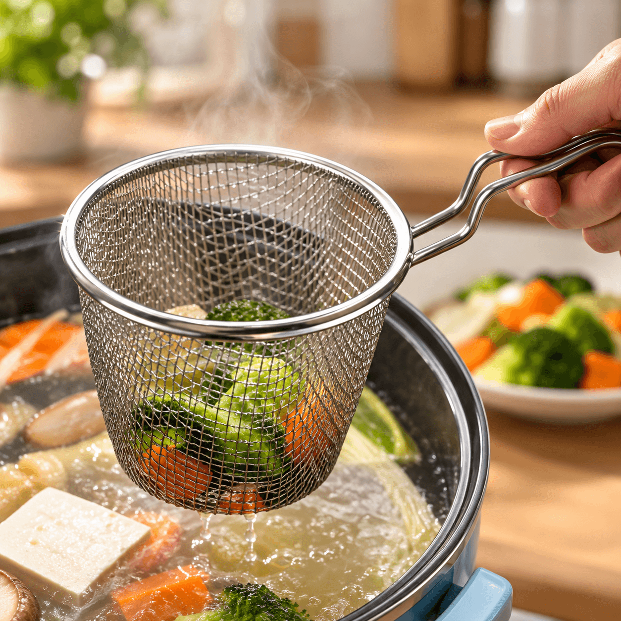 Giỏ Lưới Nhúng Lẩu Inox, Rổ Nhúng Thực Phẩm Nhà Bếp Tiện Lợi