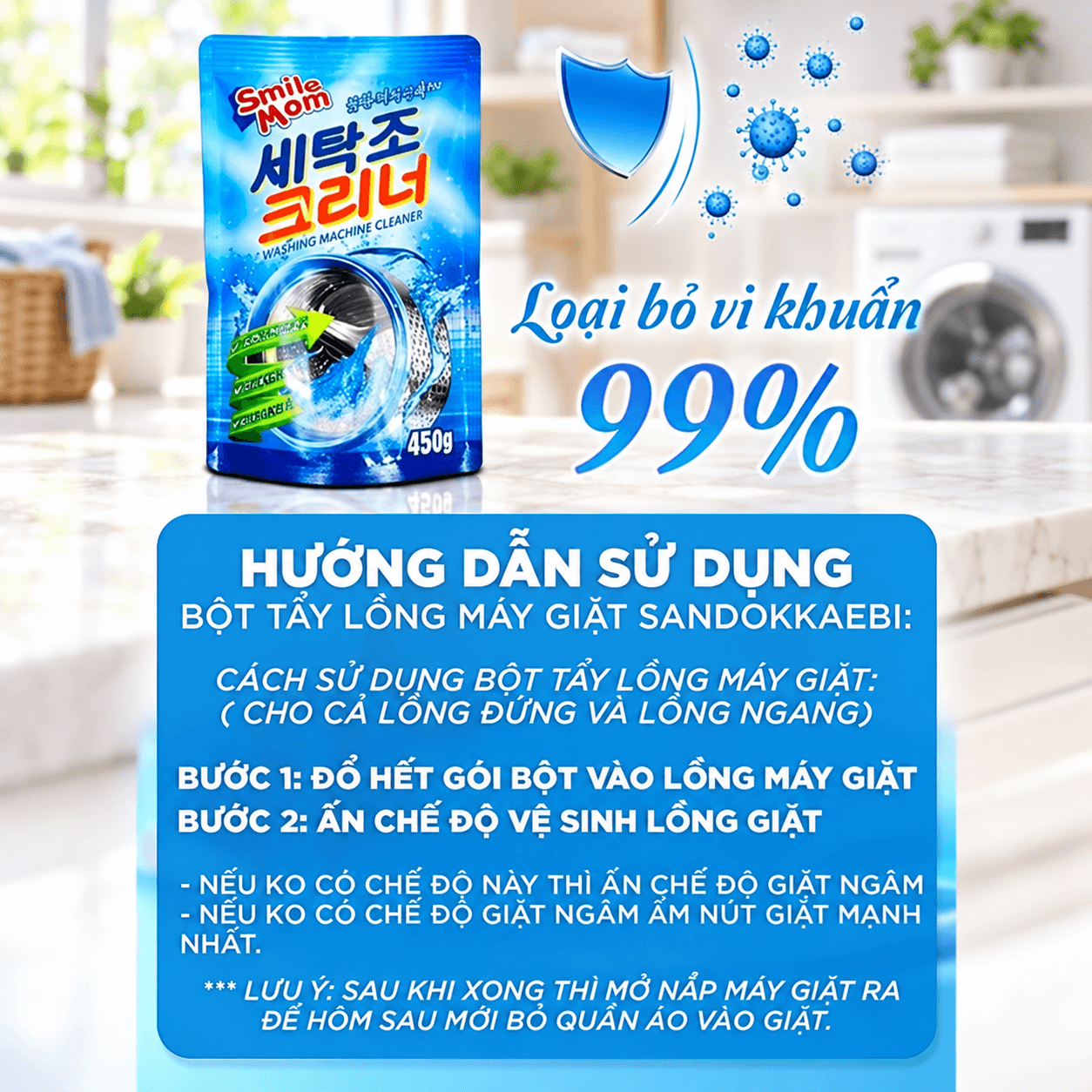Gói Bột Tẩy Lồng Giặt SMILE MOM 450g, Bột Vệ Sinh Máy Giặt Làm Sạch Lồng Giặt