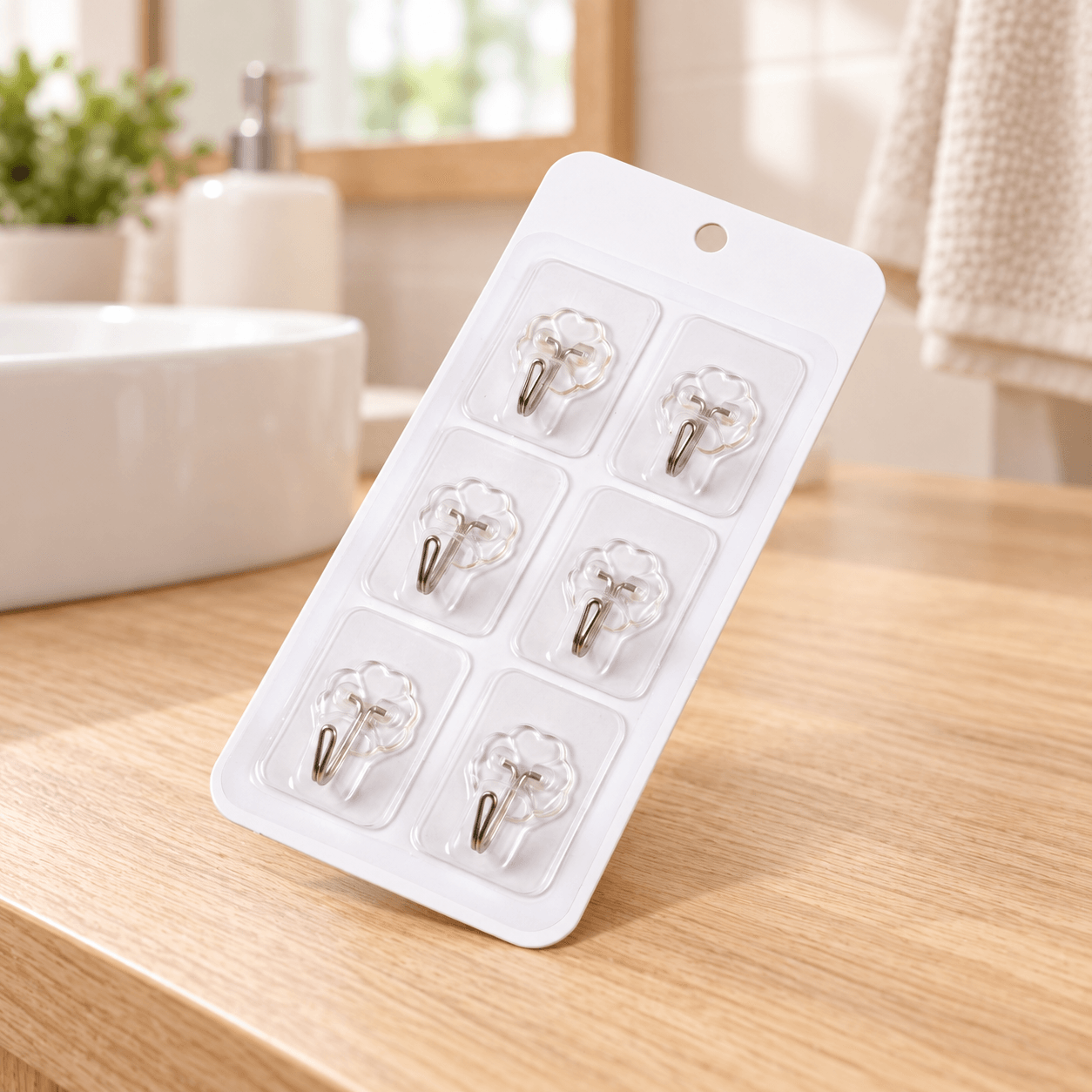 Vỉ 6 Móc Dán Tường Chữ Nhật, Móc Treo Đồ Không Khoan Tường Tiện Lợi