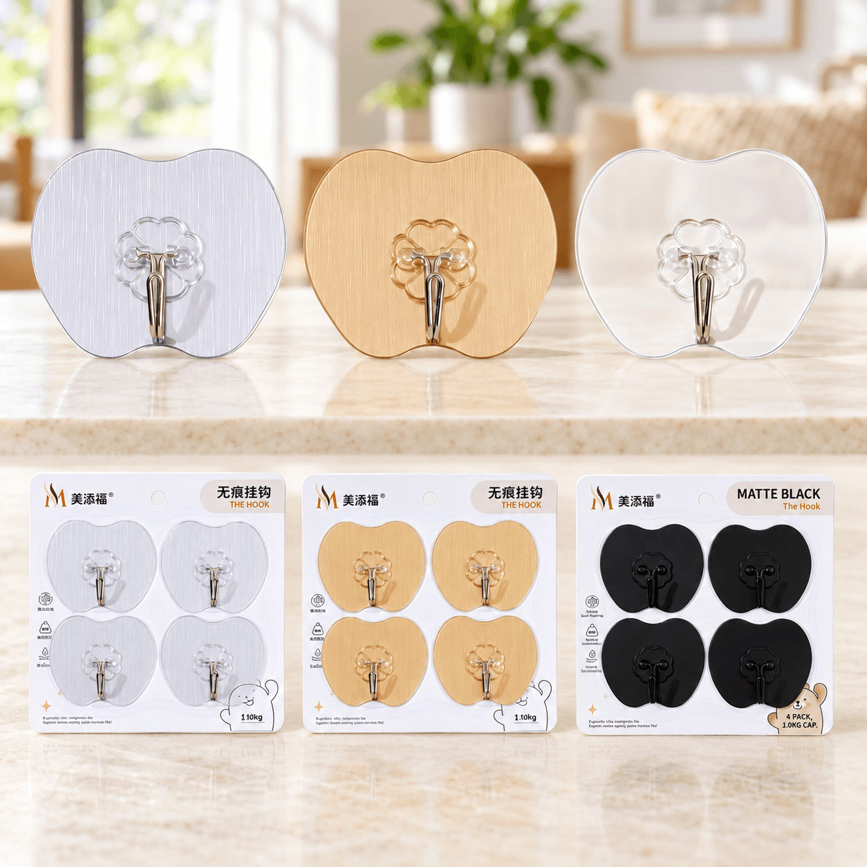 Vỉ 4 Móc Dán Tường Hình Táo, Móc Treo Đồ Tiện Ích Gia Đình