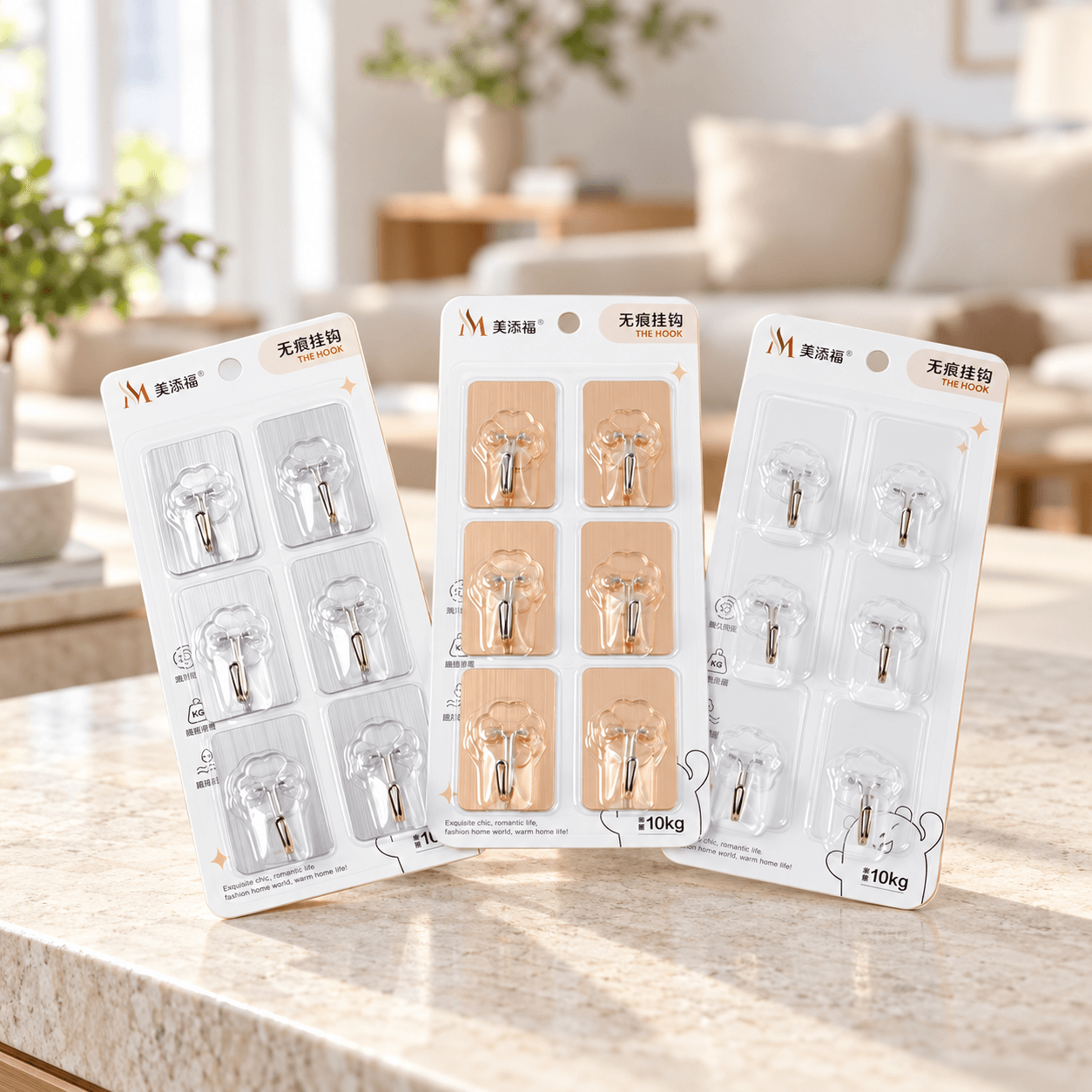Vỉ 6 Móc Dán Tường Chữ Nhật, Móc Treo Đồ Không Khoan Tường Tiện Lợi