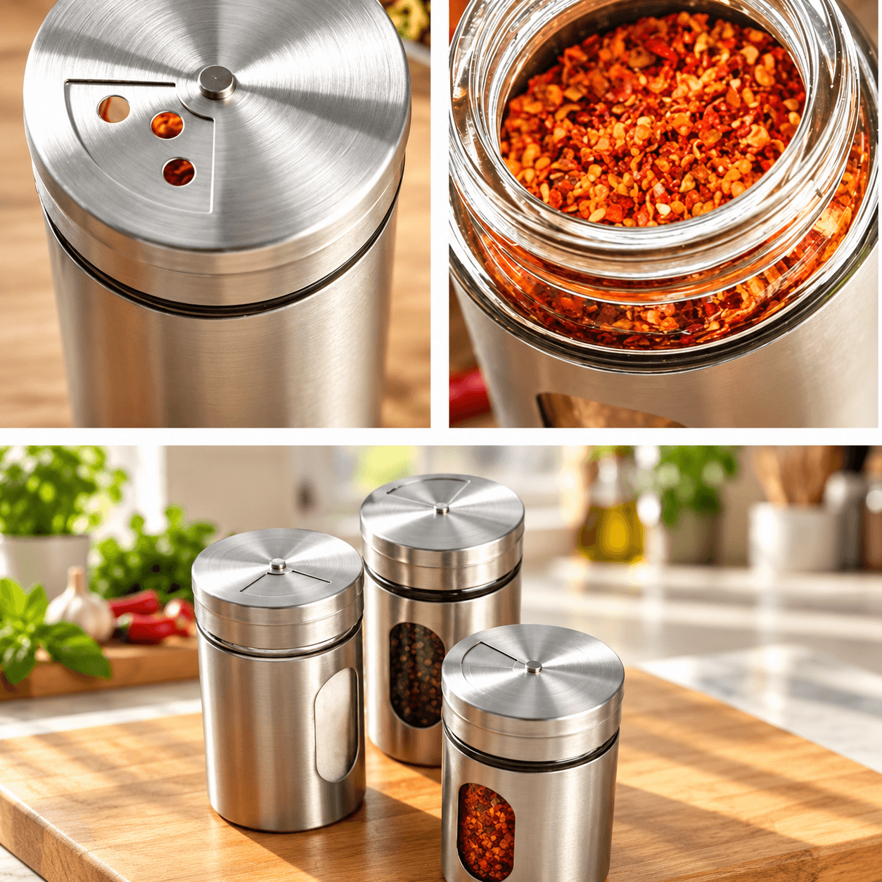 Lọ Đựng Tiêu Thủy Tinh Bọc Inox, Hũ Đựng Gia Vị Nhà Bếp