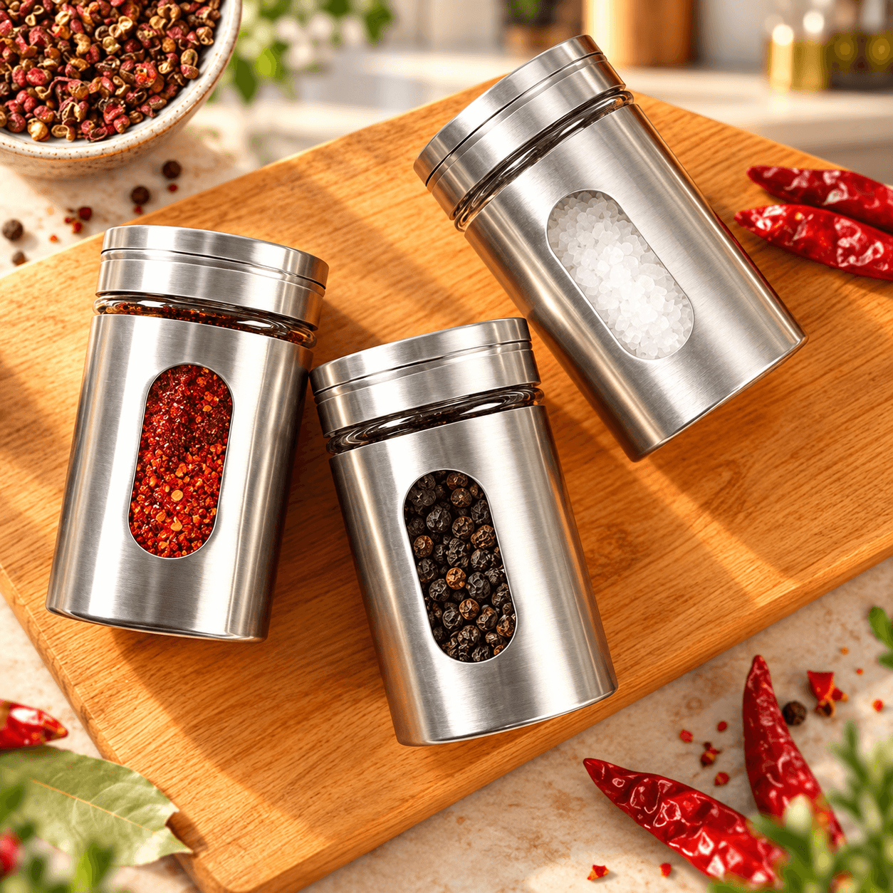 Lọ Đựng Tiêu Thủy Tinh Bọc Inox, Hũ Đựng Gia Vị Nhà Bếp