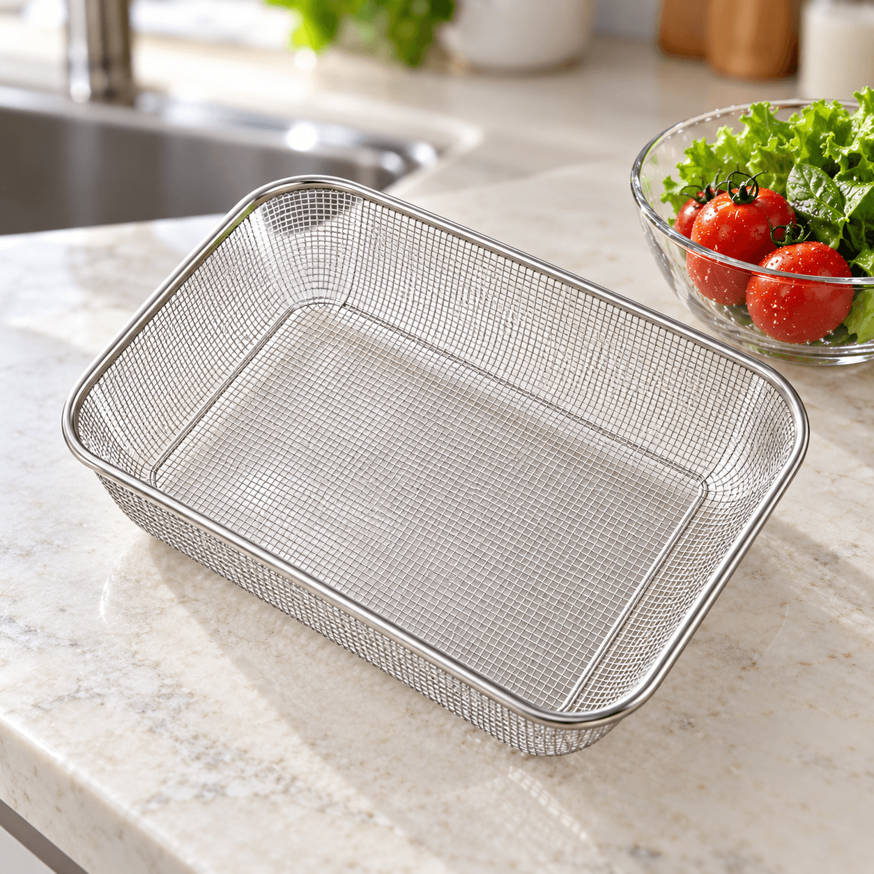 Rổ Lưới Inox Chữ Nhật 37cm, Rổ Đựng Rửa Rau Củ Đa Năng