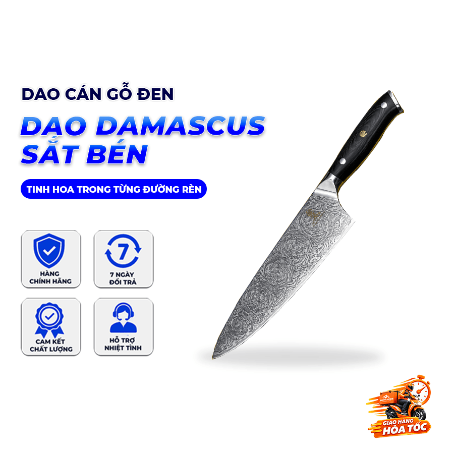 Dao Damascus Cán Gỗ Đen 皇 (Lõi VG-10 67 Lớp) – Sắc Bén Bền Bỉ, Tinh Hoa Trong Từng Đường Rèn