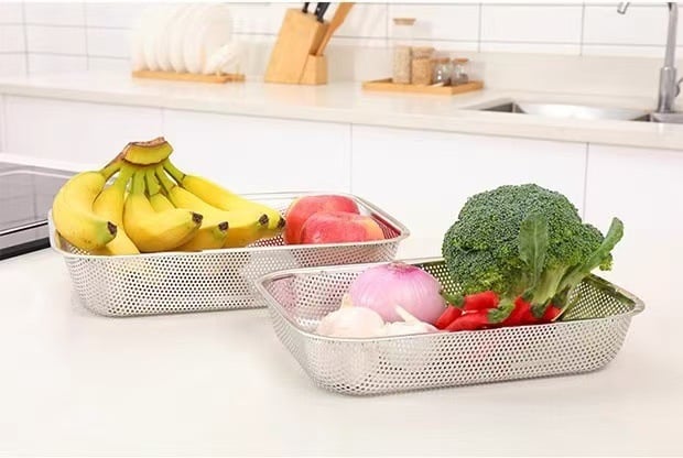 Rổ Lưới Inox Chữ Nhật 37cm, Rổ Đựng Rửa Rau Củ Đa Năng