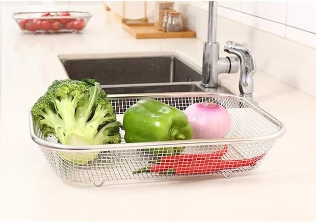 Rổ Lưới Inox Chữ Nhật 37cm, Rổ Đựng Rửa Rau Củ Đa Năng
