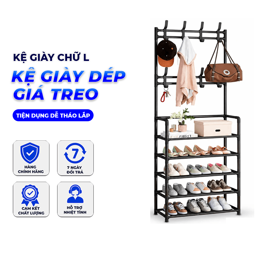 Kệ Giày Chữ L 4 Tầng Có Giá Treo Đồ, Kệ Để Giày Dép Đa Năng Kèm Móc Treo Quần Áo Túi Xách