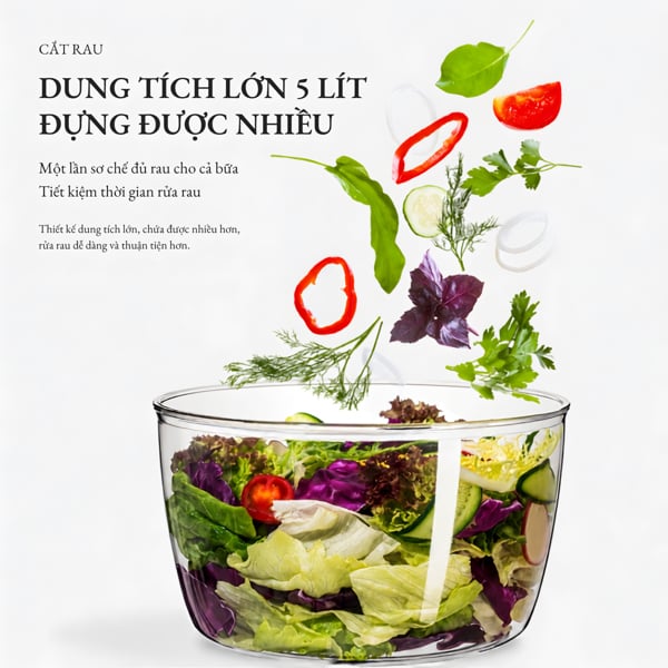 Rổ Vắt Rau Củ Quả Salad Spinner 3L/5L – Quay Ly Tâm 360°, Làm Ráo Rau Nhanh, Có Nút STOP