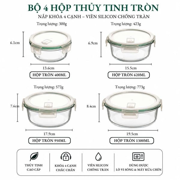 Hộp Thủy Tinh Chịu Nhiệt Borosilicate – Bộ Vuông/Tròn/Chữ Nhật, 400–1300ml, Nắp Khóa 4 Cạnh, Đệm Silicone Kín Khít