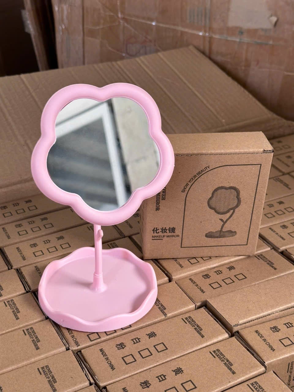 Gương Để Bàn Đế Cao Hình Hoa, Gương Trang Điểm Mini Tiện Lợi