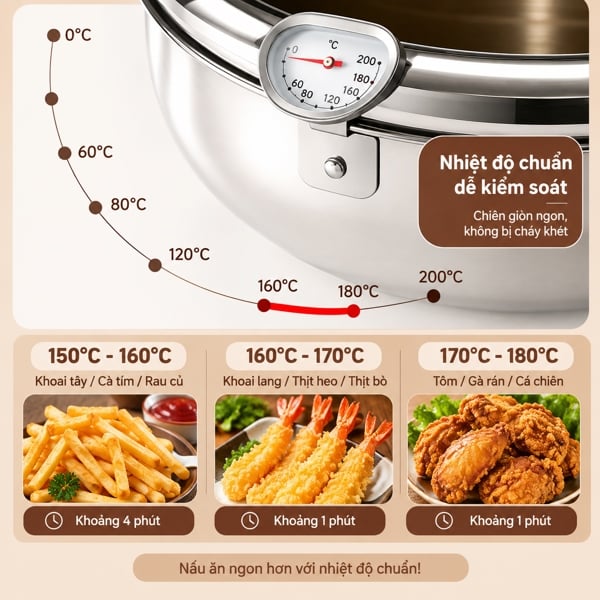 Nồi Chiên Ngập Dầu Inox 304 Kiểu Nhật 20cm/2.2L, Có Nhiệt Kế Và Giá Để Ráo Dầu, Nồi Chiên Báo Nhiệt Độ