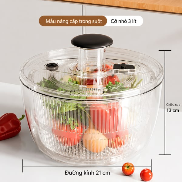 Rổ Vắt Rau Củ Quả Salad Spinner 3L/5L – Quay Ly Tâm 360°, Làm Ráo Rau Nhanh, Có Nút STOP