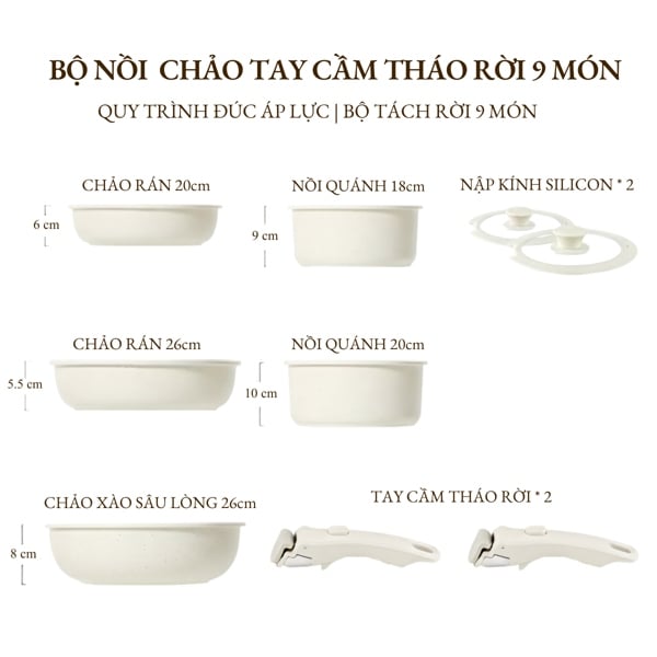 Bộ Nồi Chảo Tay Cầm Tháo Rời Phủ Đá Granite – Chống Dính, Đáy Từ, Nắp Kính Cường Lực, Dùng Mọi Loại Bếp