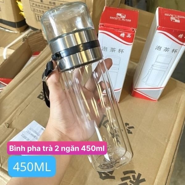 Bình Pha Trà Thủy Tinh 2 Ngăn 450ml – Bình Lọc Trà Chịu Nhiệt, Lưới Lọc Inox, Pha Trà Tiện Lợi