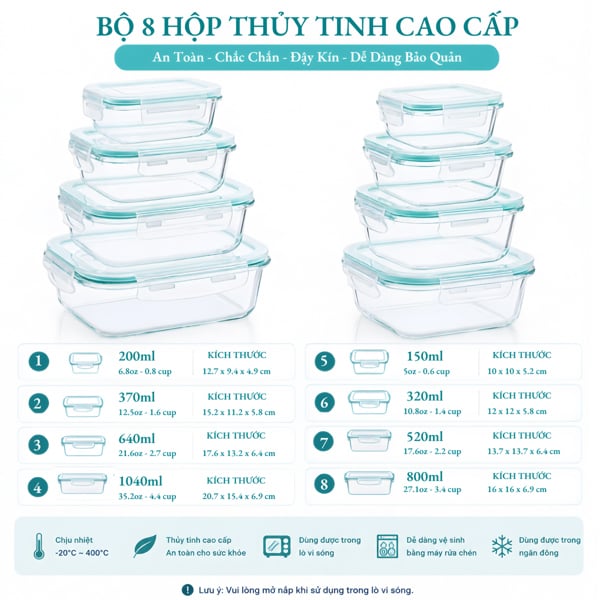 Bộ 8 Hộp Đựng Thực Phẩm Thủy Tinh Borosilicate – Chịu Nhiệt Từ -20°c Đến 120°c, Nắp Khóa 4 Cạnh
