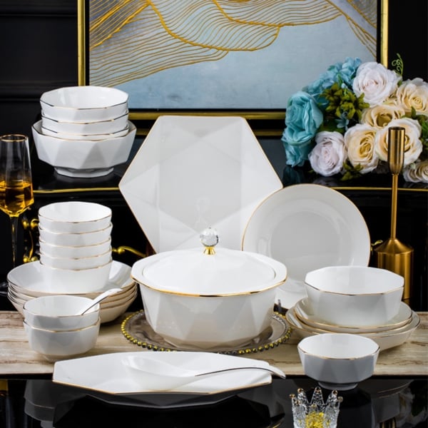 Bộ Chén Bát Golden Leaf Gốm Sứ Cao Cấp – Phong Cách Trung Đông, Cấu Tạo 5 Lớp, Men Bóng, Họa Tiết Ánh Vàng Sang Trọng