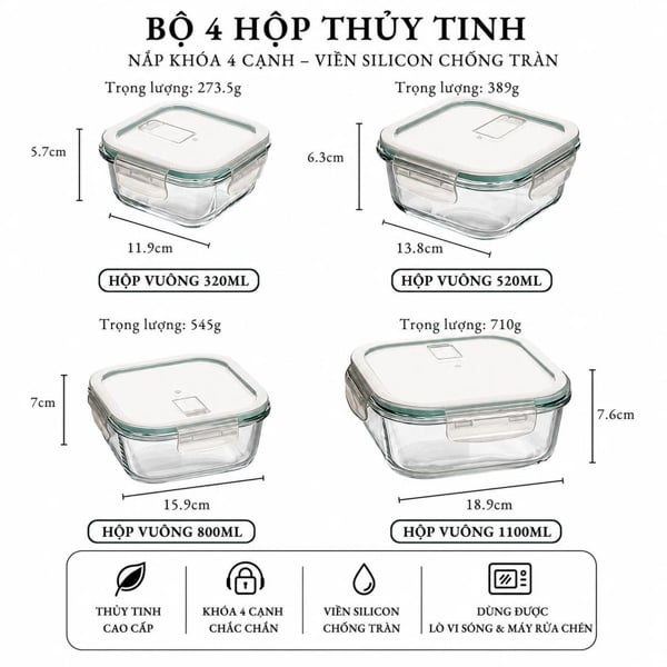 Bộ 4 Hộp Thủy Tinh Chữ Nhật, Hộp Bảo Quản Thực Phẩm Nắp Khóa 4 Cạnh