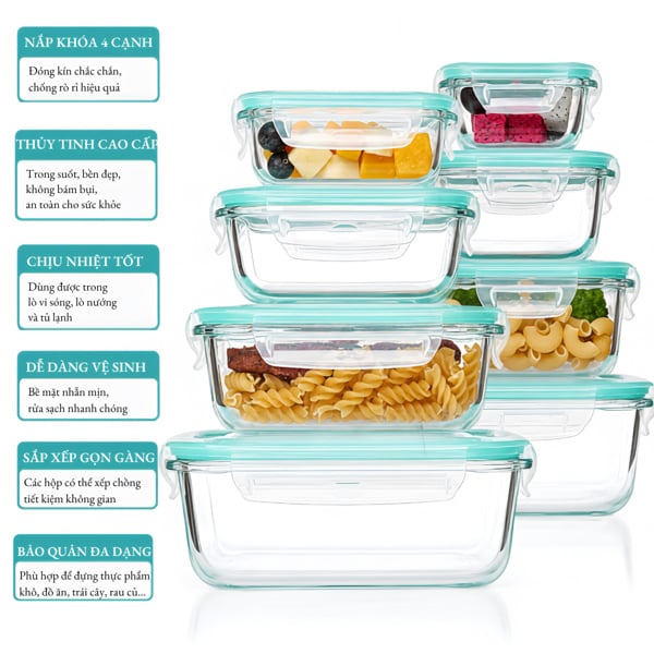 Bộ 8 Hộp Đựng Thực Phẩm Thủy Tinh Borosilicate – Chịu Nhiệt Từ -20°c Đến 120°c, Nắp Khóa 4 Cạnh