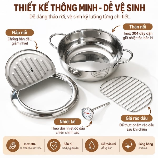 Nồi Chiên Ngập Dầu Inox 304 Kiểu Nhật 20cm/2.2L, Có Nhiệt Kế Và Giá Để Ráo Dầu, Nồi Chiên Báo Nhiệt Độ