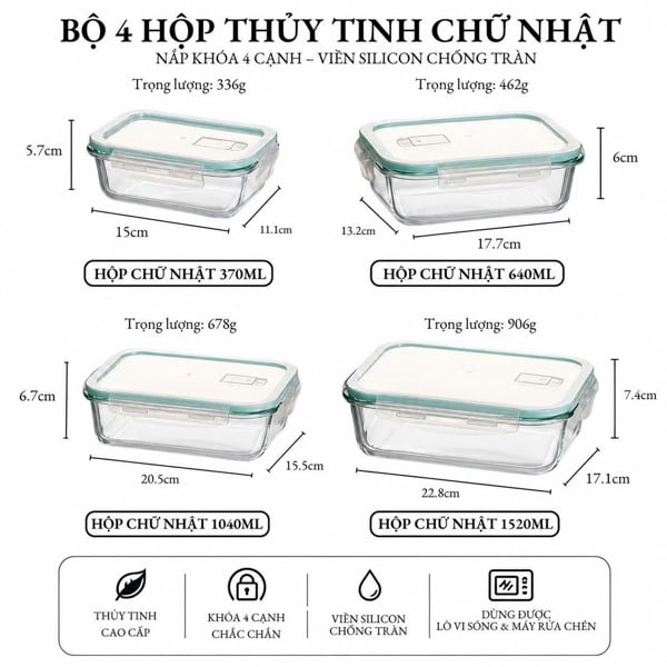Bộ 4 Hộp Thủy Tinh Chữ Nhật, Hộp Bảo Quản Thực Phẩm Nắp Khóa 4 Cạnh