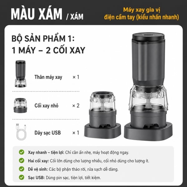 Máy Xay Tiêu Điện Đa Năng – Lõi Gốm Ceramic, Sạc USB, Điều Chỉnh Độ Mịn, Xay Gia Vị Tự Động