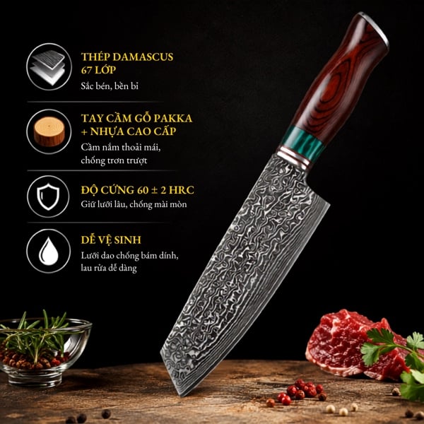 Dao Thái Damascus Cán Gỗ Đỏ 皇 (Lõi VG-10 67 lớp) – Sắc Bén Bền Bỉ, Tinh Hoa Trong Từng Đường Rèn