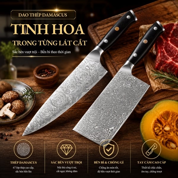 Dao Thái Vuông Damascus Cán Gỗ Đen 皇 (Lõi VG-10 67 lớp) – Sắc Bén Bền Bỉ, Tinh Hoa Trong Từng Đường Rèn