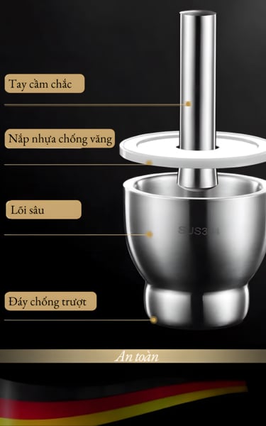 Cối Chày Giã Gia Vị Inox SUS304 – Thành Cối Dày, Đế Chống Trượt, Chày Inox Nguyên Khối, Chống Gỉ, Dễ Vệ Sinh
