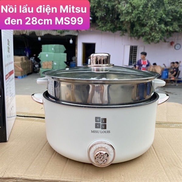 Nồi Lẩu Điện Mitsu MS99 28cm Màu Trắng, Nồi Lẩu Đa Năng Kèm Xửng Hấp Inox Tiện Lợi
