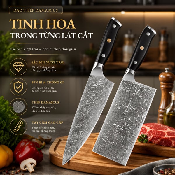 Dao Damascus Cán Gỗ Đen 皇 (Lõi VG-10 67 Lớp) – Sắc Bén Bền Bỉ, Tinh Hoa Trong Từng Đường Rèn