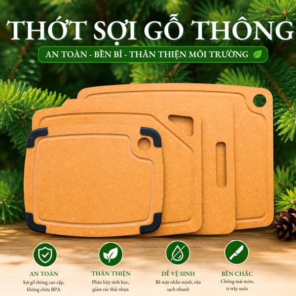 Thớt Sợi Gỗ Thông Kháng Khuẩn 99,9% – Chống Nấm Mốc, Chịu Nhiệt, Chống Trượt, An Toàn Thực Phẩm