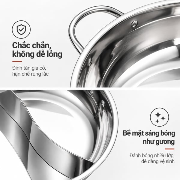 Nồi Lẩu 2 Ngăn 32cm Inox 304 Có Nắp Kính, Nồi Lẩu Uyên Ương 2 Vị Dùng Bếp Từ Bếp Gas