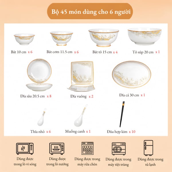 Bộ Chén Bát Phú Quý Imperial Gốm Sứ Cao Cấp – Thiết Kế Bát Giác, 5 Lớp, Viền Vàng Sang Trọng, Men Bóng Dễ Vệ Sinh