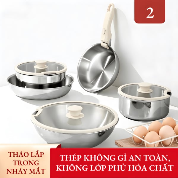 Bộ Nồi Cán Rời CAROTE Inox 304, Siêu Dày, Bộ Nồi Chảo Đa Năng Nhà Bếp