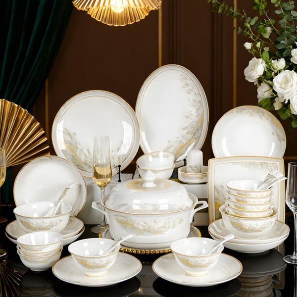 Bộ Chén Bát Phú Quý Imperial Gốm Sứ Cao Cấp – Thiết Kế Bát Giác, 5 Lớp, Viền Vàng Sang Trọng, Men Bóng Dễ Vệ Sinh