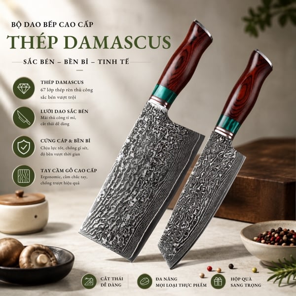 Dao Thái Vuông Damascus Cán Gỗ Đỏ 皇 (Lõi VG-10 67 Lớp) – Sắc Bén Bền Bỉ, Tinh Hoa Trong Từng Đường Rèn