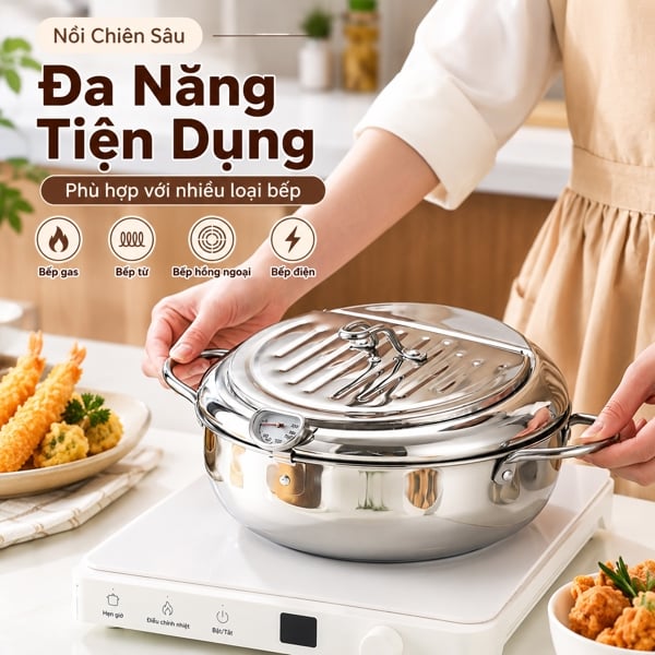 Nồi Chiên Ngập Dầu Inox 304 Kiểu Nhật 20cm/2.2L, Có Nhiệt Kế Và Giá Để Ráo Dầu, Nồi Chiên Báo Nhiệt Độ