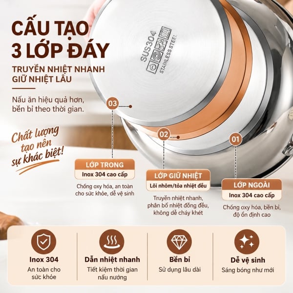 Nồi Chiên Ngập Dầu Inox 304 Kiểu Nhật 20cm/2.2L, Có Nhiệt Kế Và Giá Để Ráo Dầu, Nồi Chiên Báo Nhiệt Độ