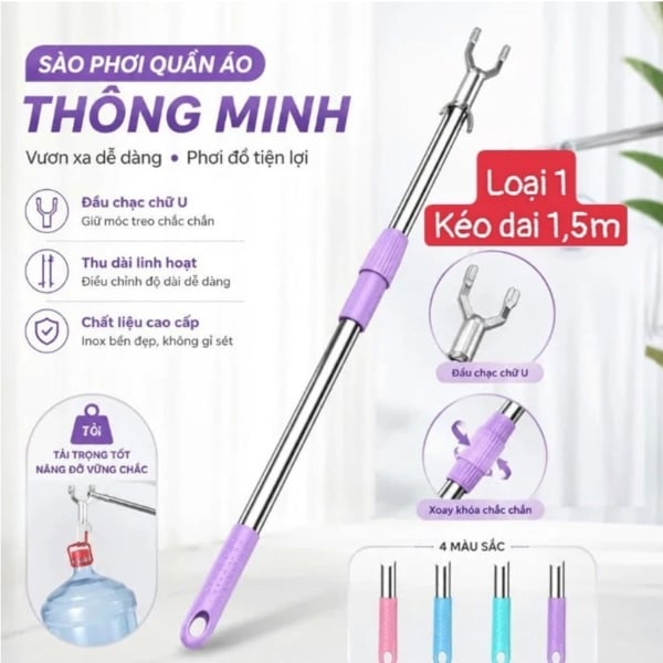 Cây inox phơi quần áo, cây lấy đồ trên cao dài 1,5m có thể thu gọn