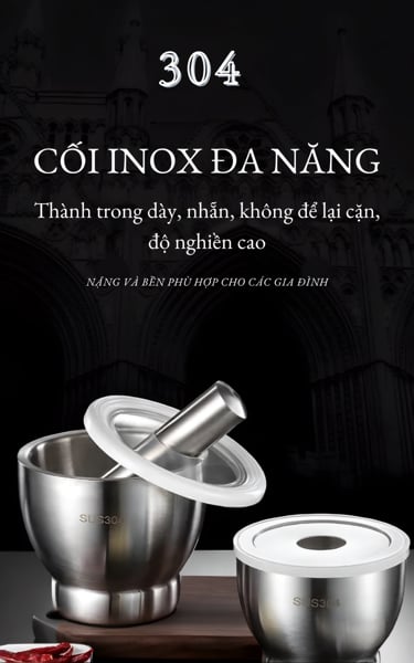 Cối Chày Giã Gia Vị Inox SUS304 – Thành Cối Dày, Đế Chống Trượt, Chày Inox Nguyên Khối, Chống Gỉ, Dễ Vệ Sinh