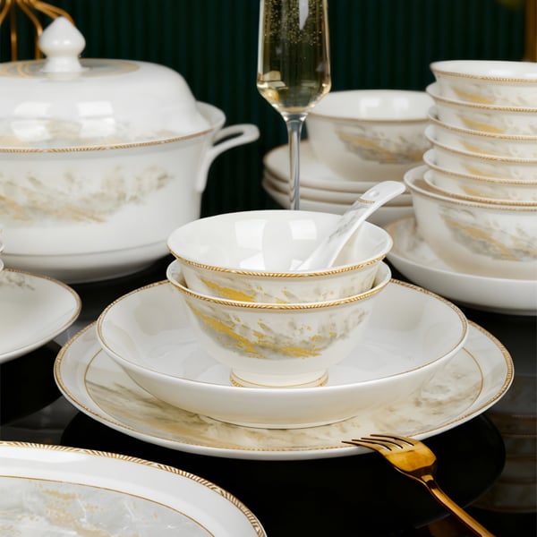 Bộ Chén Bát Phú Quý Imperial Gốm Sứ Cao Cấp – Thiết Kế Bát Giác, 5 Lớp, Viền Vàng Sang Trọng, Men Bóng Dễ Vệ Sinh