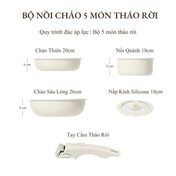 Bộ Nồi Chảo Tay Cầm Tháo Rời Phủ Đá Granite – Chống Dính, Đáy Từ, Nắp Kính Cường Lực, Dùng Mọi Loại Bếp