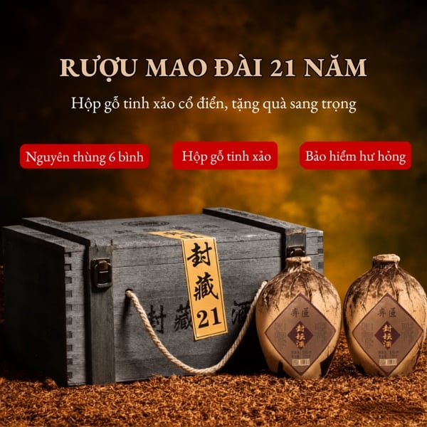 Rượu Mao Đài ủ trấu 21 năm - Hộp gỗ 6 chai