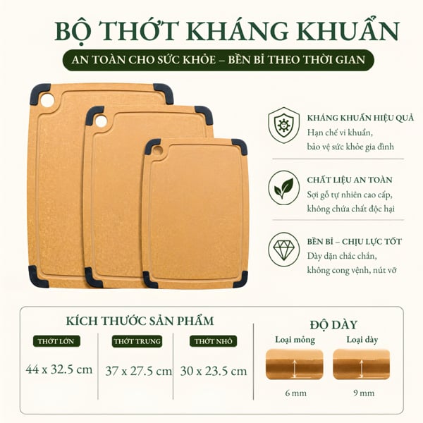 Thớt Sợi Gỗ Thông Kháng Khuẩn 99,9% – Chống Nấm Mốc, Chịu Nhiệt, Chống Trượt, An Toàn Thực Phẩm