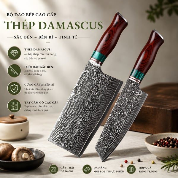 Dao Thái Damascus Cán Gỗ Đỏ 皇 (Lõi VG-10 67 lớp) – Sắc Bén Bền Bỉ, Tinh Hoa Trong Từng Đường Rèn