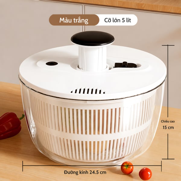 Rổ Vắt Rau Củ Quả Salad Spinner 3L/5L – Quay Ly Tâm 360°, Làm Ráo Rau Nhanh, Có Nút STOP
