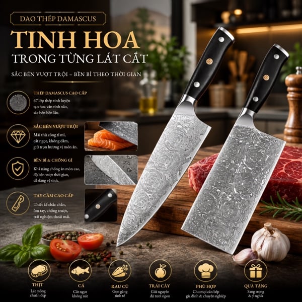 Dao Thái Vuông Damascus Cán Gỗ Đen 皇 (Lõi VG-10 67 lớp) – Sắc Bén Bền Bỉ, Tinh Hoa Trong Từng Đường Rèn